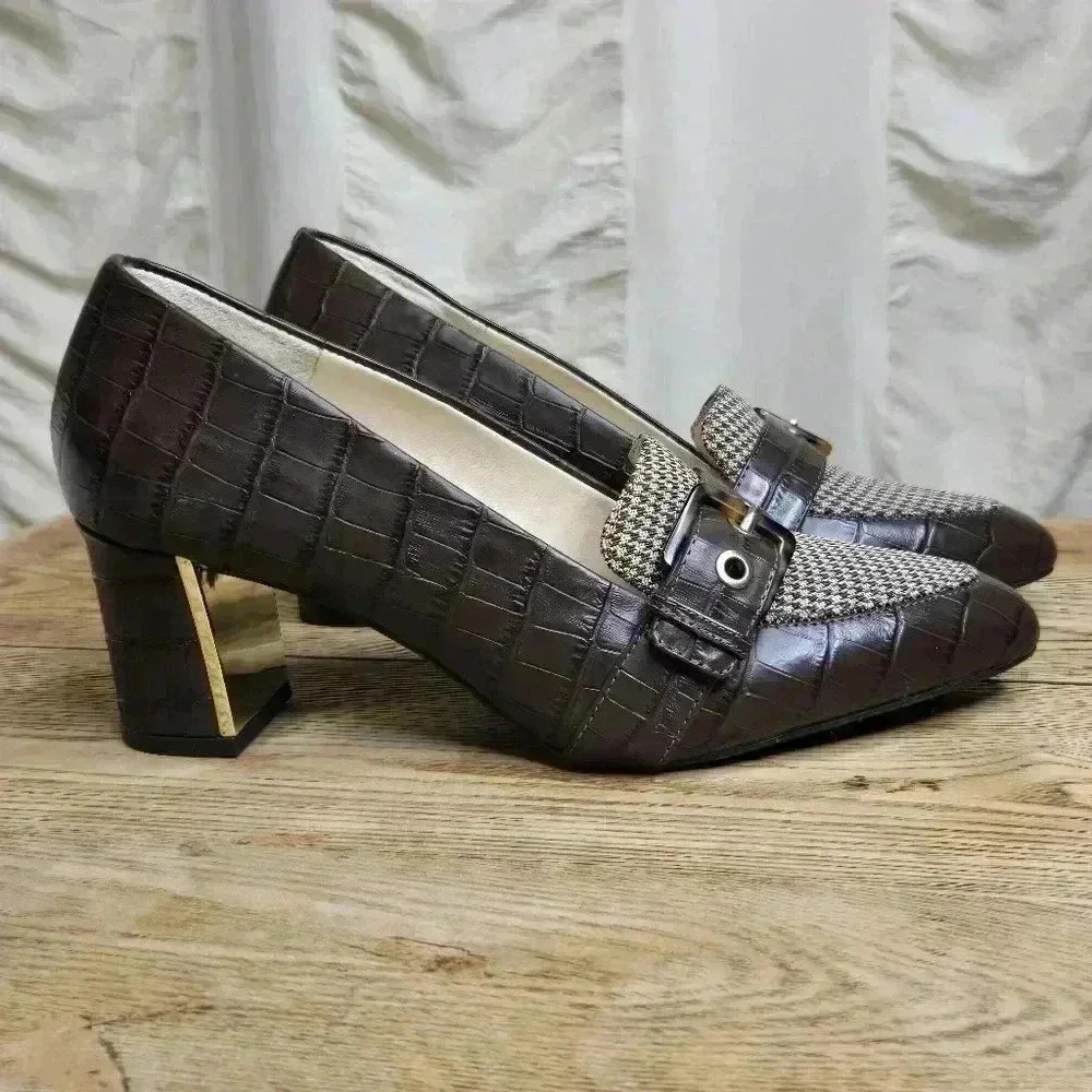 Alex Marie Loafer Heels Embossed Leather & Houndstooth Size 7.5